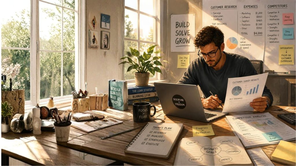 Indian entrepreneur reviewing customer research and business finances