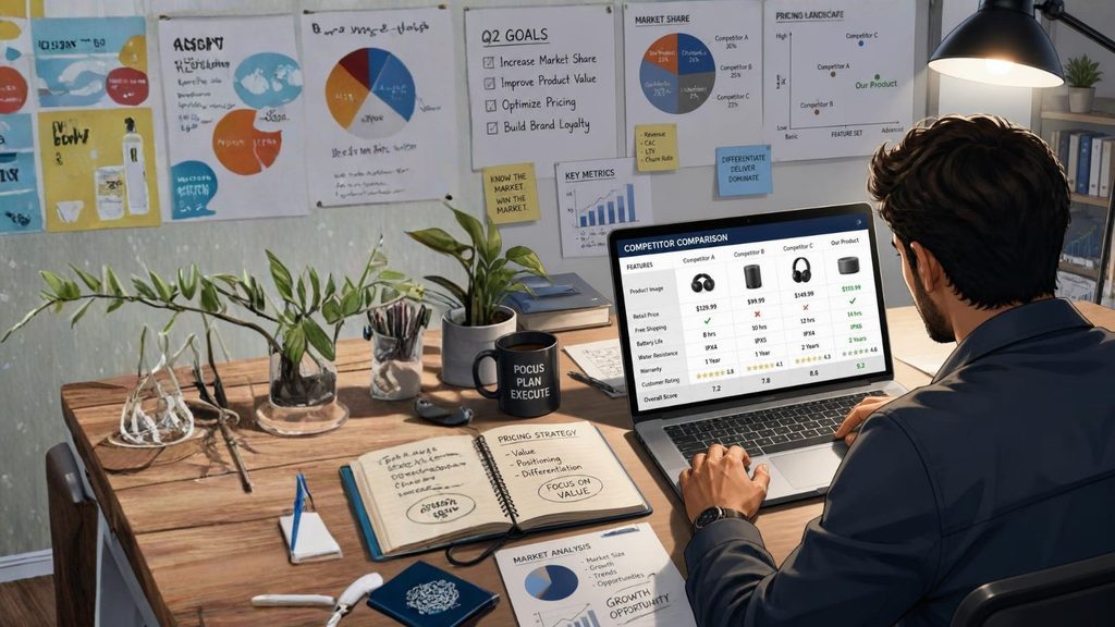 Entrepreneur comparing competitors and market research data