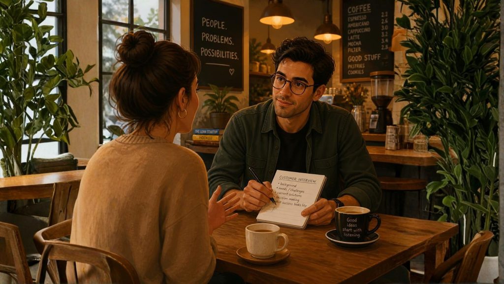 Entrepreneur conducting customer interviews to understand a startup problem