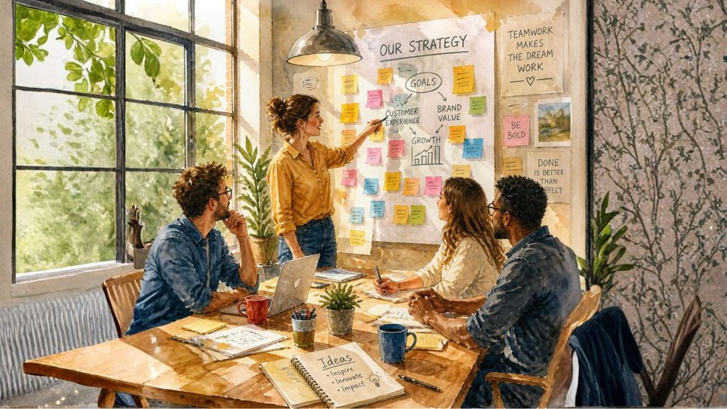 Entrepreneur reviewing strategic business plans with a team