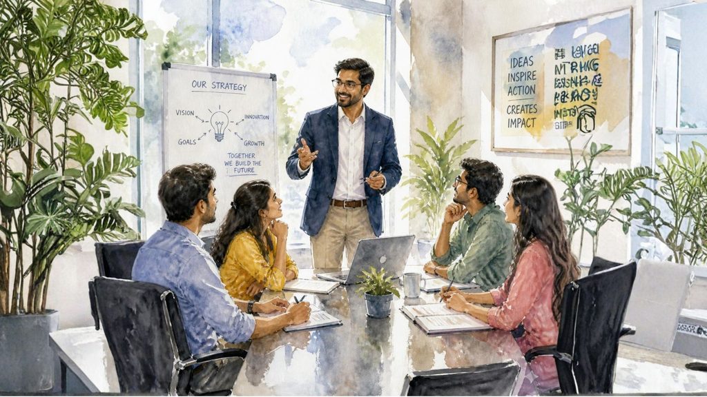 Entrepreneur leading a small team during a strategy discussion