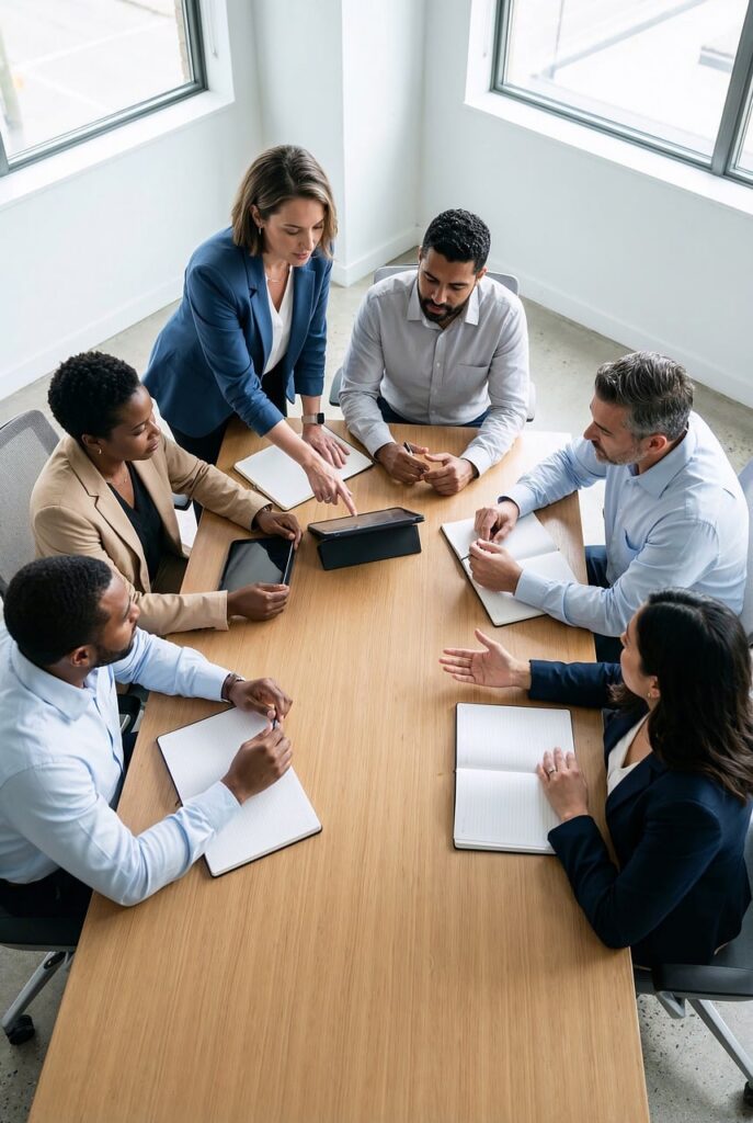 Business strategy meeting illustrating purpose-led leadership