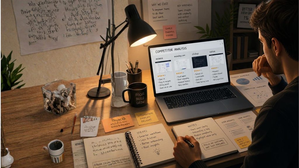 Entrepreneur researching competitors and market demand for a startup idea